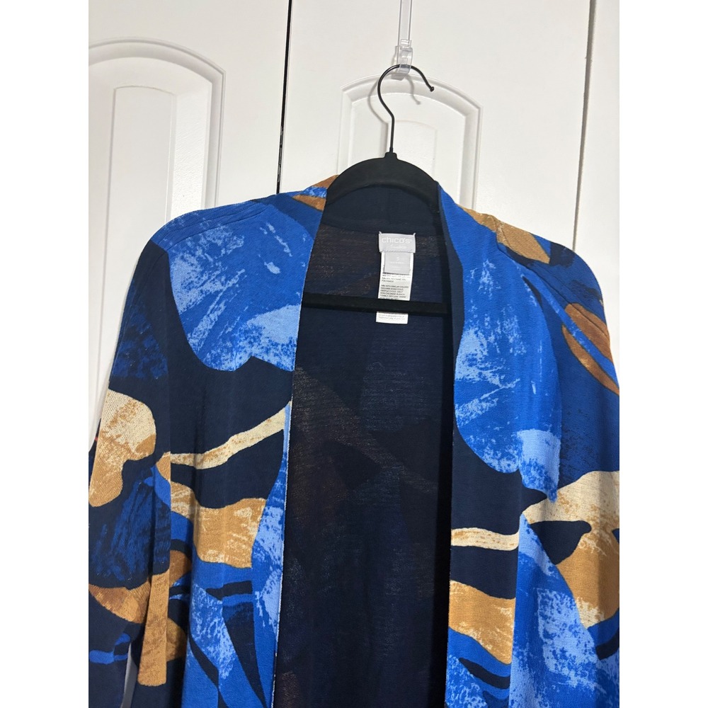 Chico's Travelers Kimono Cardigan Abstract Blue Gold Open Front XL 3 Art To Wear - Picture 5 of 6
